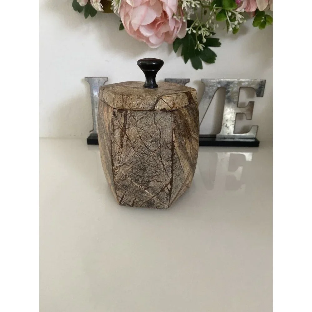 Hexagonal Stone Canister Lidded Container Trinket Box Port To Port Vintage Brown